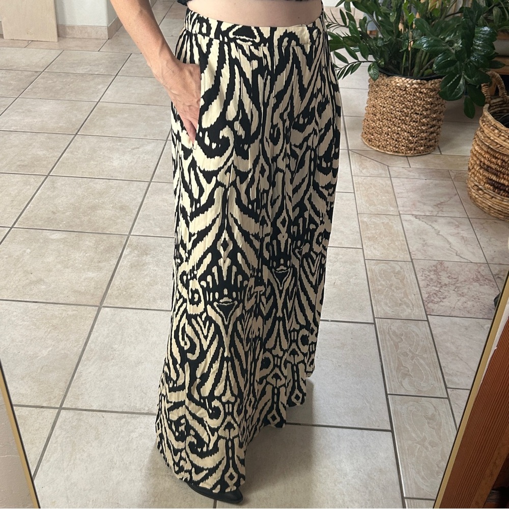 Free People Boho Funky Wide Leg Flowy Black and Cream Flare Pants, Women’s S - Picture 2 of 10